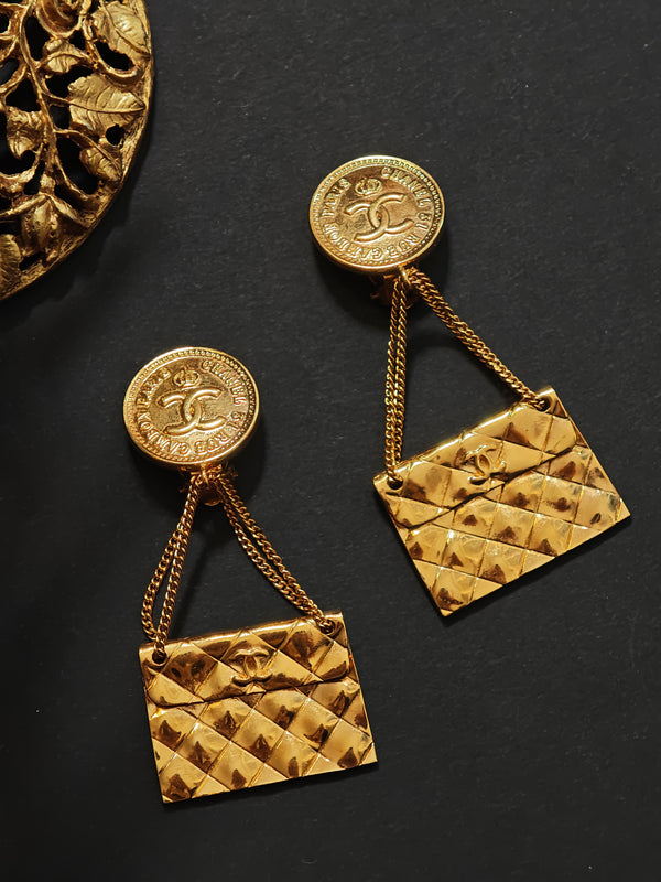 Chanel 1993 Gold Coin & Quilted Bag Dangle Clip-On Earrings
