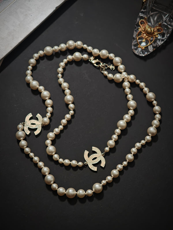 Chanel 2013 “Map Enamel Double-C” Long Pearl Necklace