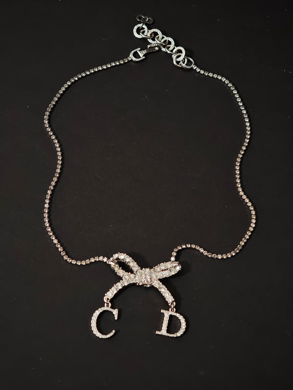 Dior 1995 Crystal Bow “C D” Pendant Necklace
