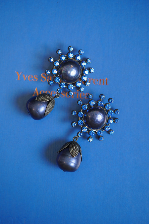 Yves Saint Laurent 1995 Blue Glasse Pearl Earrings