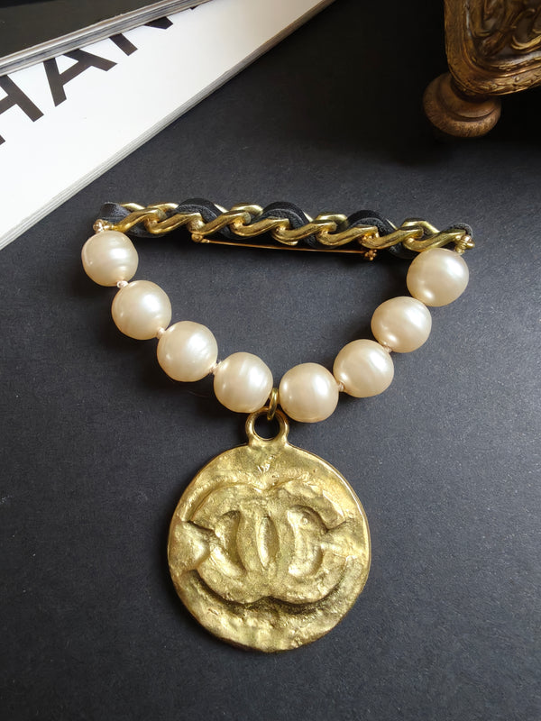 Chanel 1994 Baroque Pearl & Leather-Woven Medallion Brooch